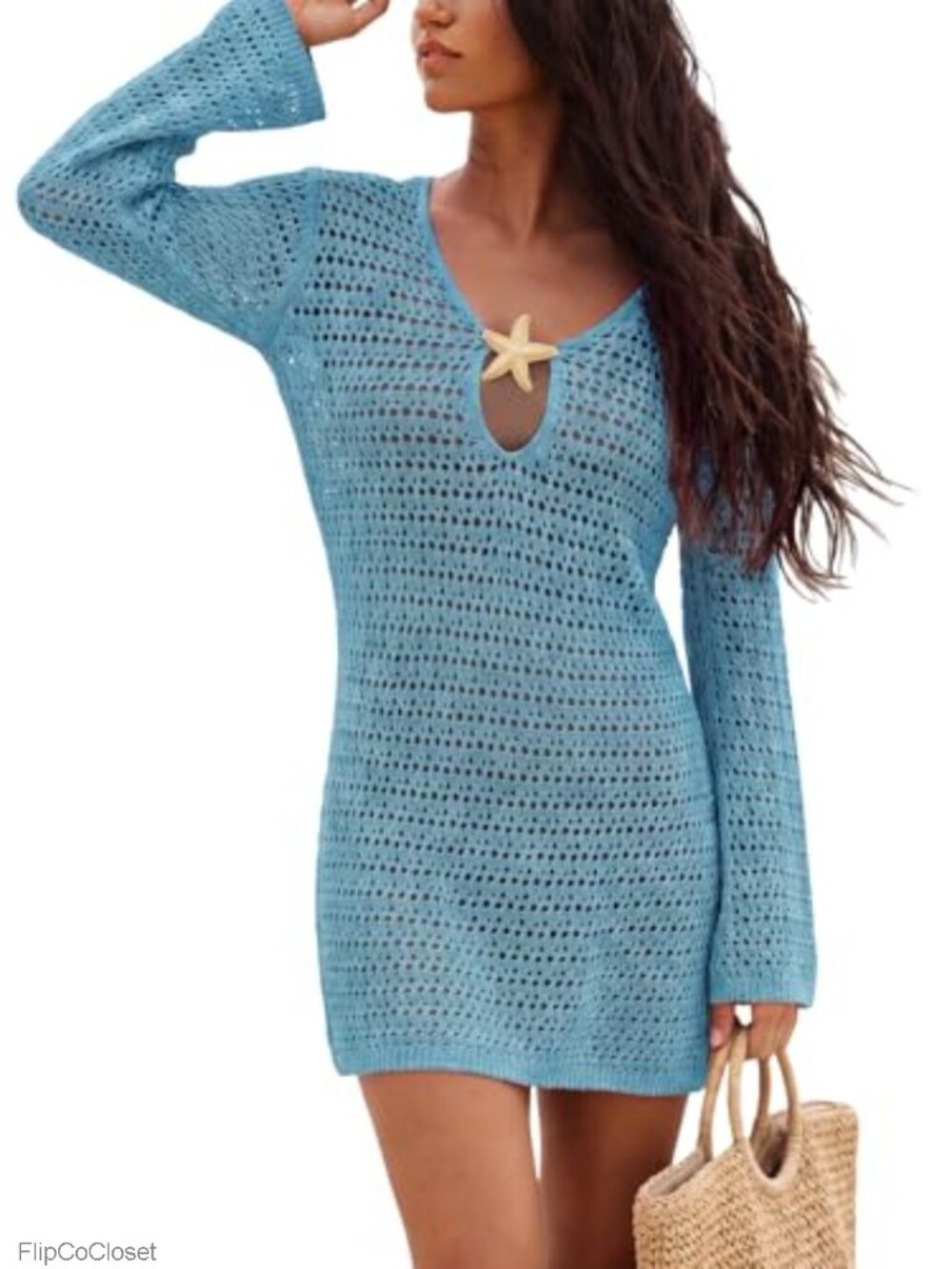 Crochet Swim Coverup Long Sleeve Mini Beach Dress Plunging Neckline